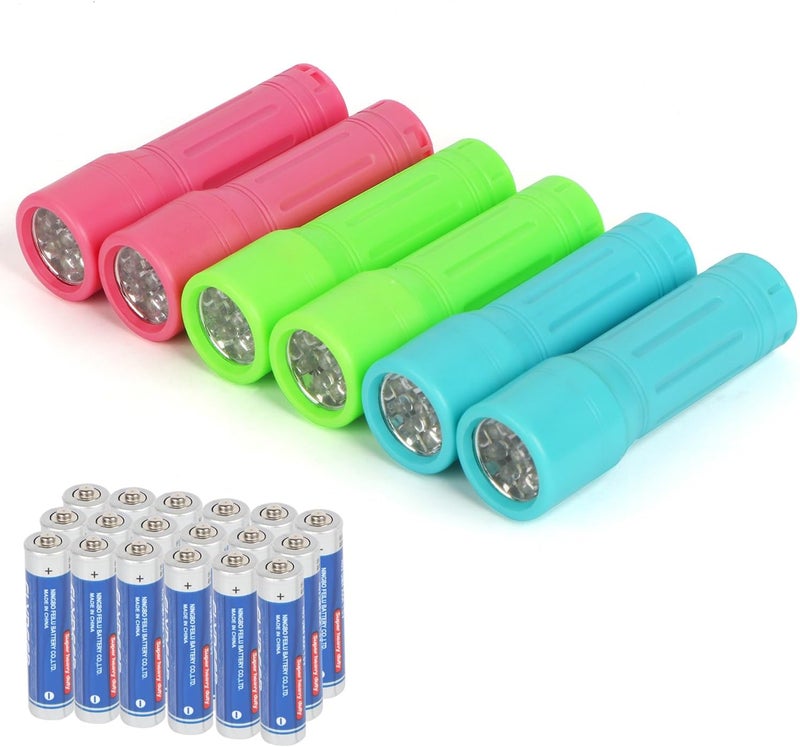 Hilngav 9-LED Mini Flashlight 6-Pack, Small Multicolor Flashlights with Lanyard, 18 AAA Batteries Included, for Hurricane Supplies, Christmas Gifts Stocking Stuffers - Image 1